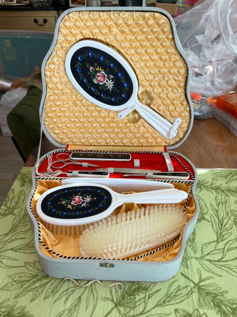 Vintage White Floral Hand Mirror and Brush Set in Gold Lined Case